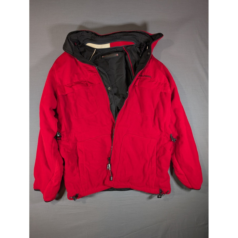 Tommy Hilfiger Reversible Fleece Jacket Red Black Hooded Mens Large Vintage